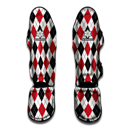 Red Black And White Argyle Pattern Print Muay Thai Shin Guard