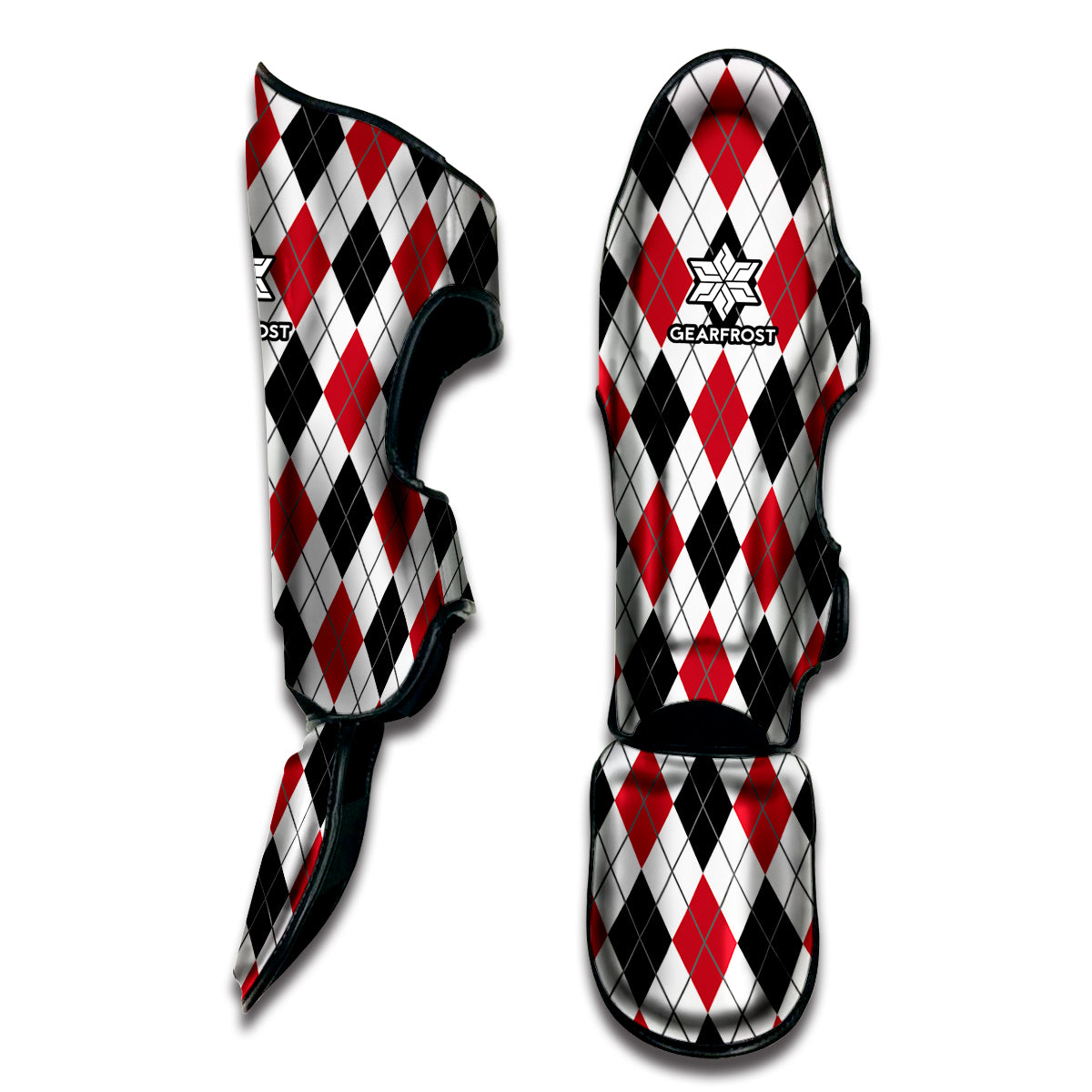 Red Black And White Argyle Pattern Print Muay Thai Shin Guard