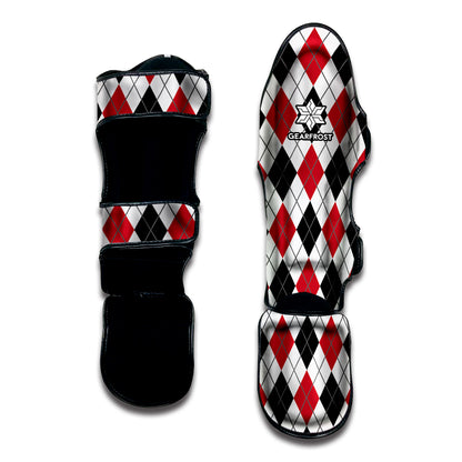 Red Black And White Argyle Pattern Print Muay Thai Shin Guard