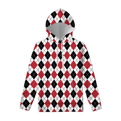 Red Black And White Argyle Pattern Print Pullover Hoodie