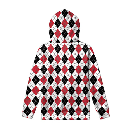 Red Black And White Argyle Pattern Print Pullover Hoodie
