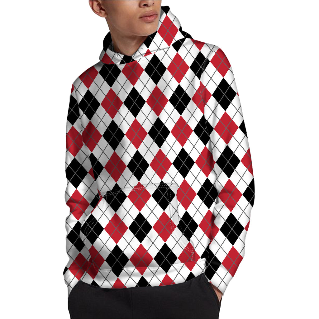 Red Black And White Argyle Pattern Print Pullover Hoodie