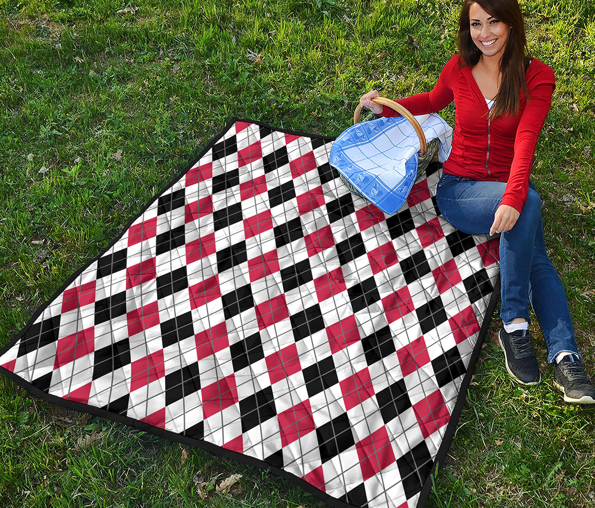 Red Black And White Argyle Pattern Print Quilt