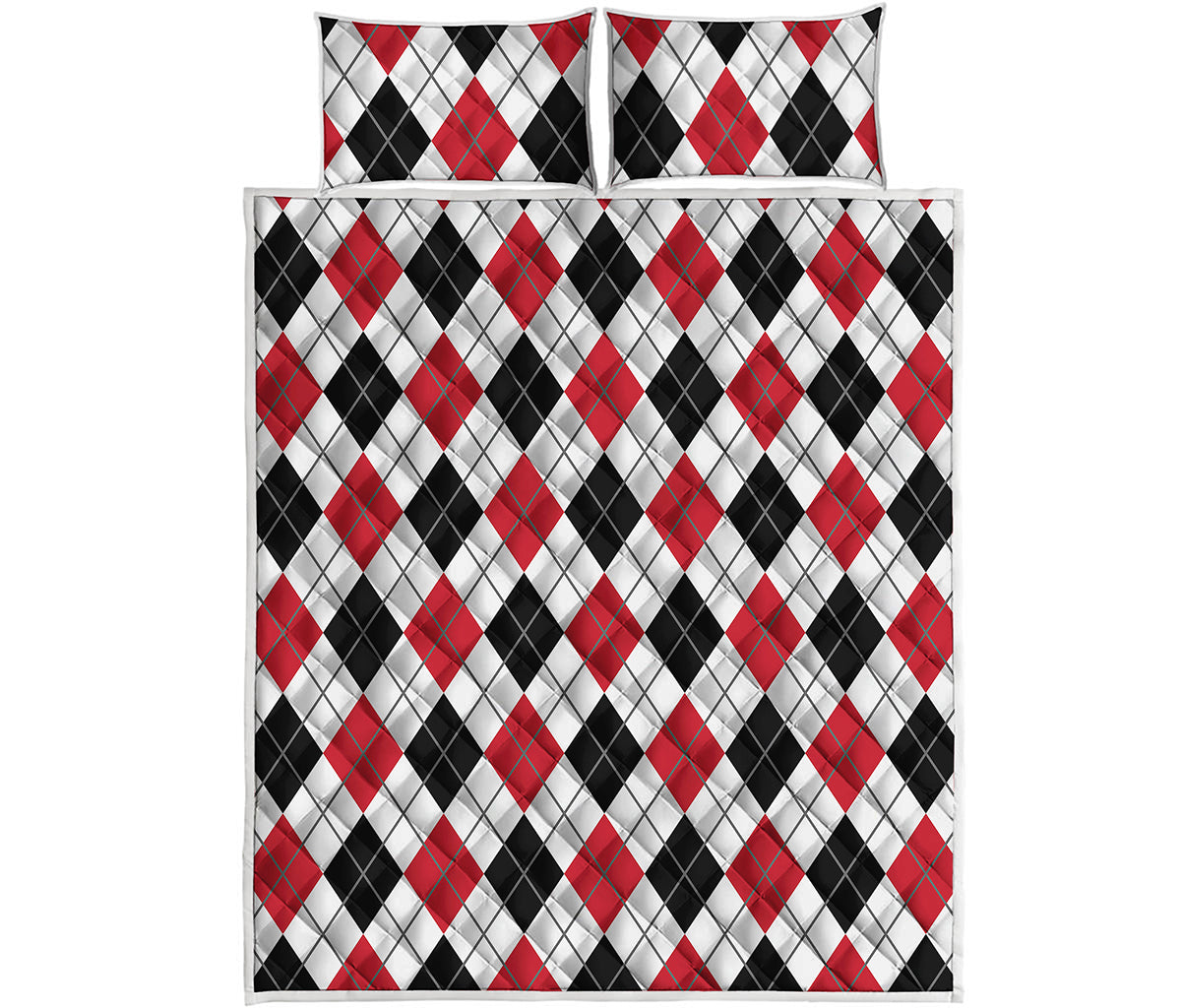 Red Black And White Argyle Pattern Print Quilt Bed Set