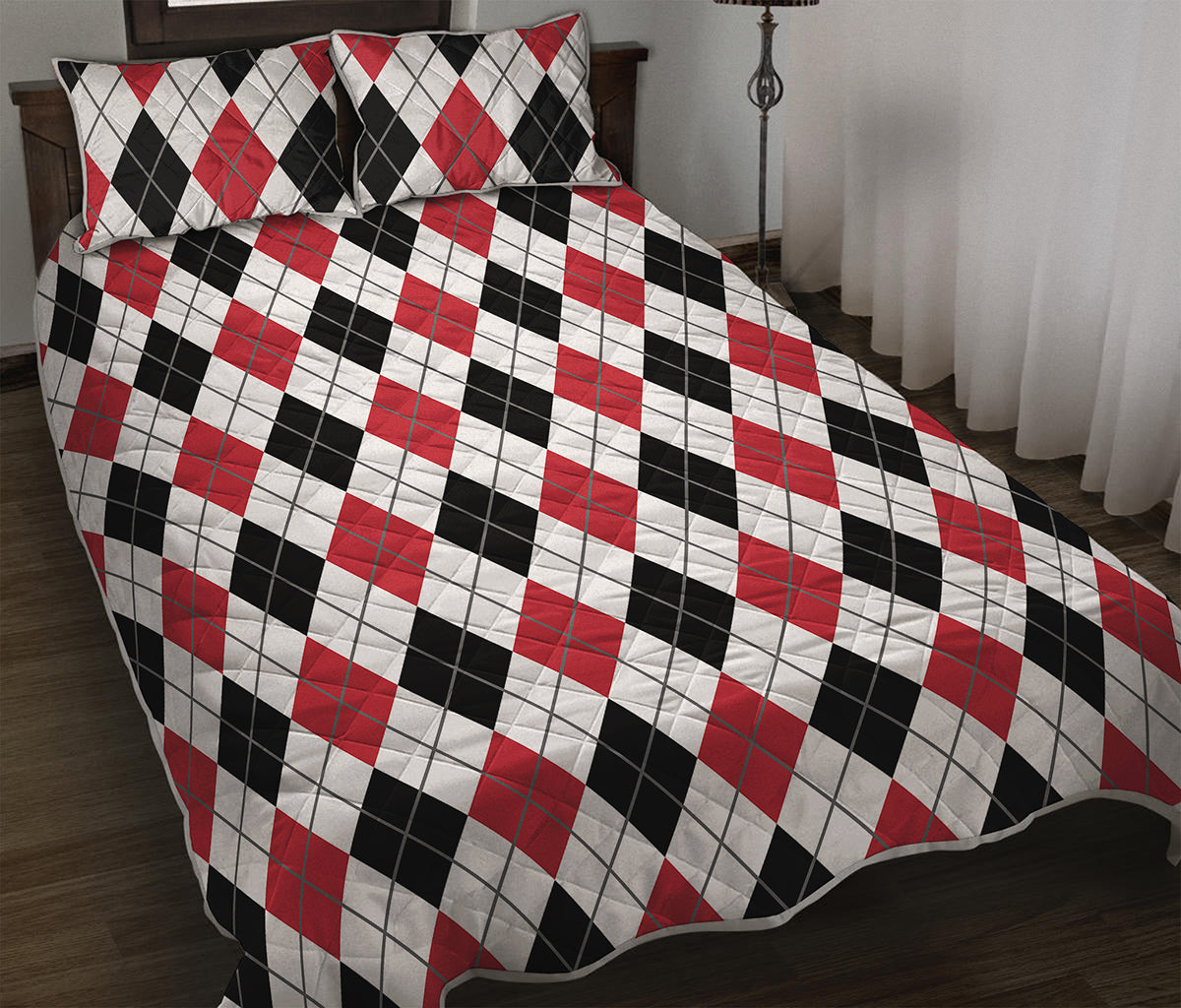 Red Black And White Argyle Pattern Print Quilt Bed Set