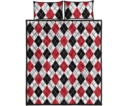 Red Black And White Argyle Pattern Print Quilt Bed Set