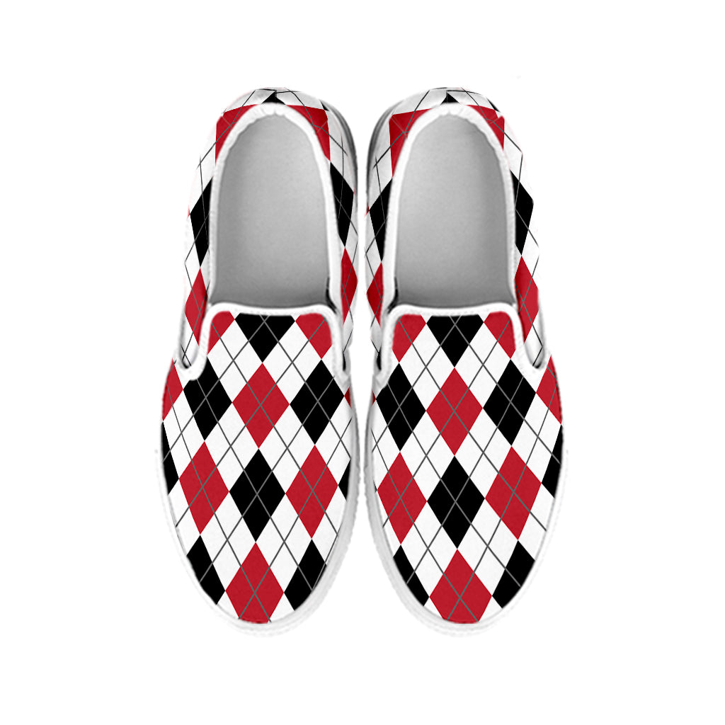 Red Black And White Argyle Pattern Print White Slip On Shoes