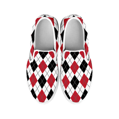 Red Black And White Argyle Pattern Print White Slip On Shoes