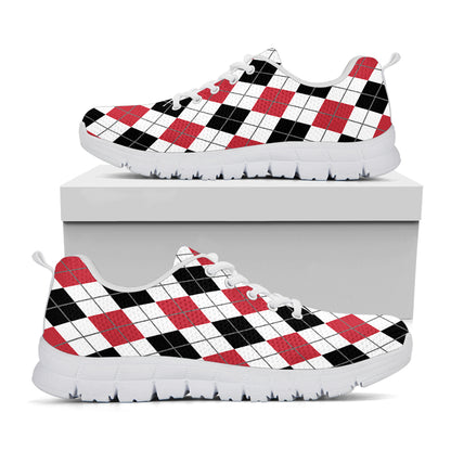Red Black And White Argyle Pattern Print White Sneakers
