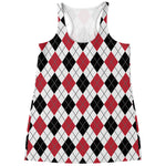 Red Black And White Argyle Pattern Print Women's Racerback Tank Top