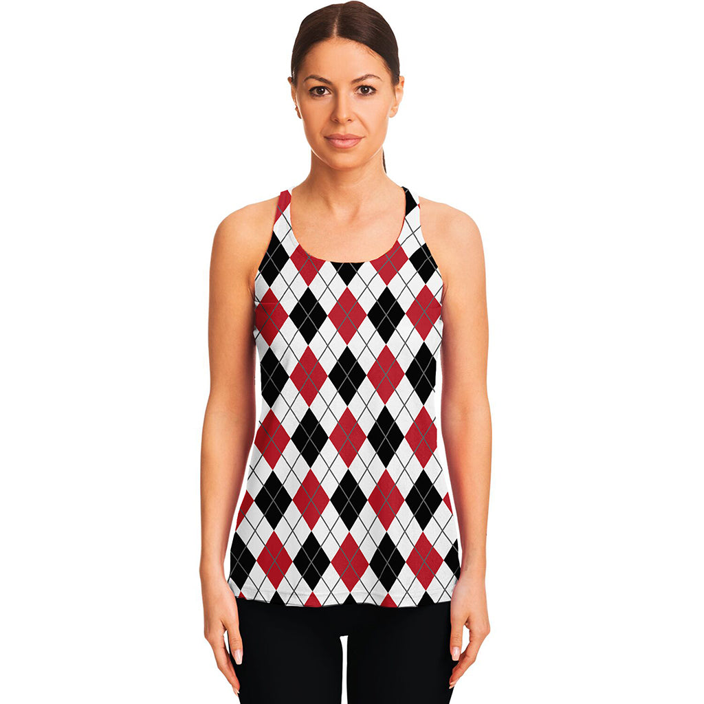 Red Black And White Argyle Pattern Print Women's Racerback Tank Top