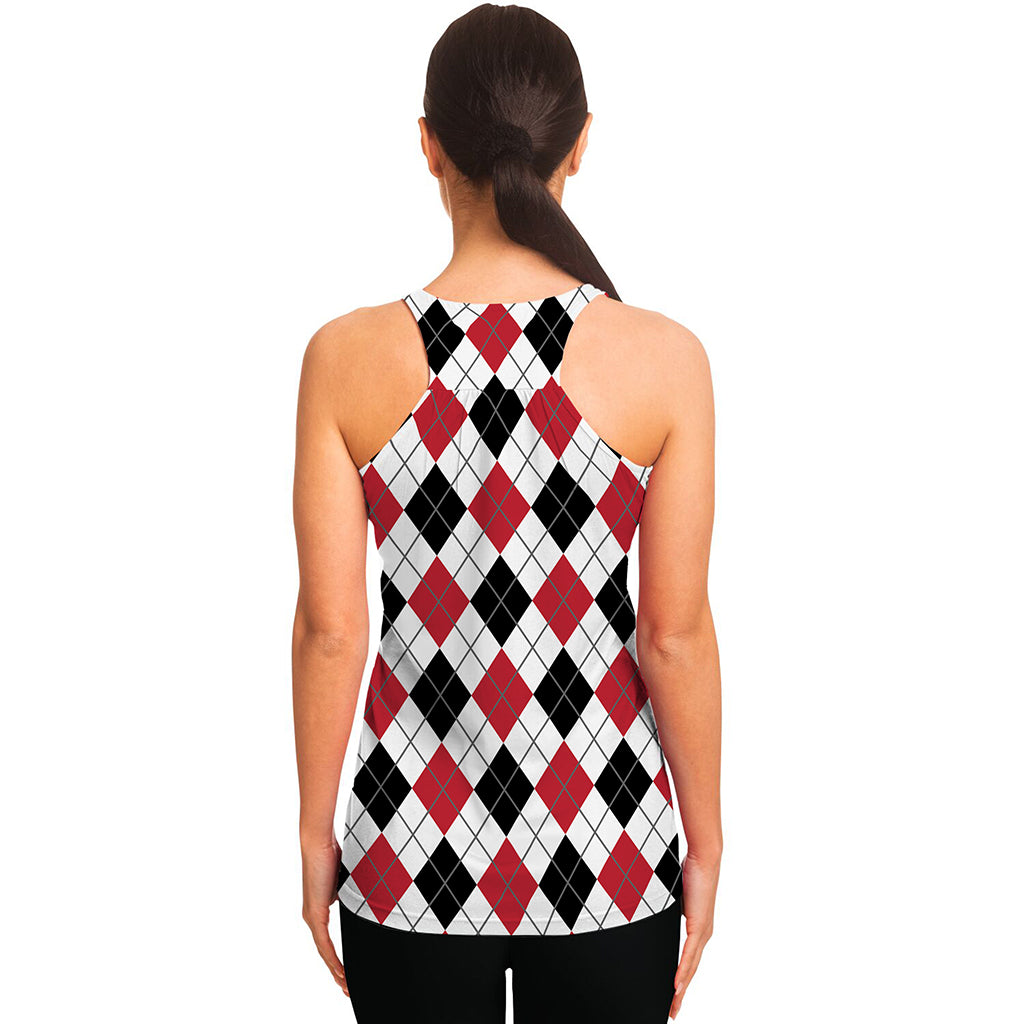 Red Black And White Argyle Pattern Print Women's Racerback Tank Top