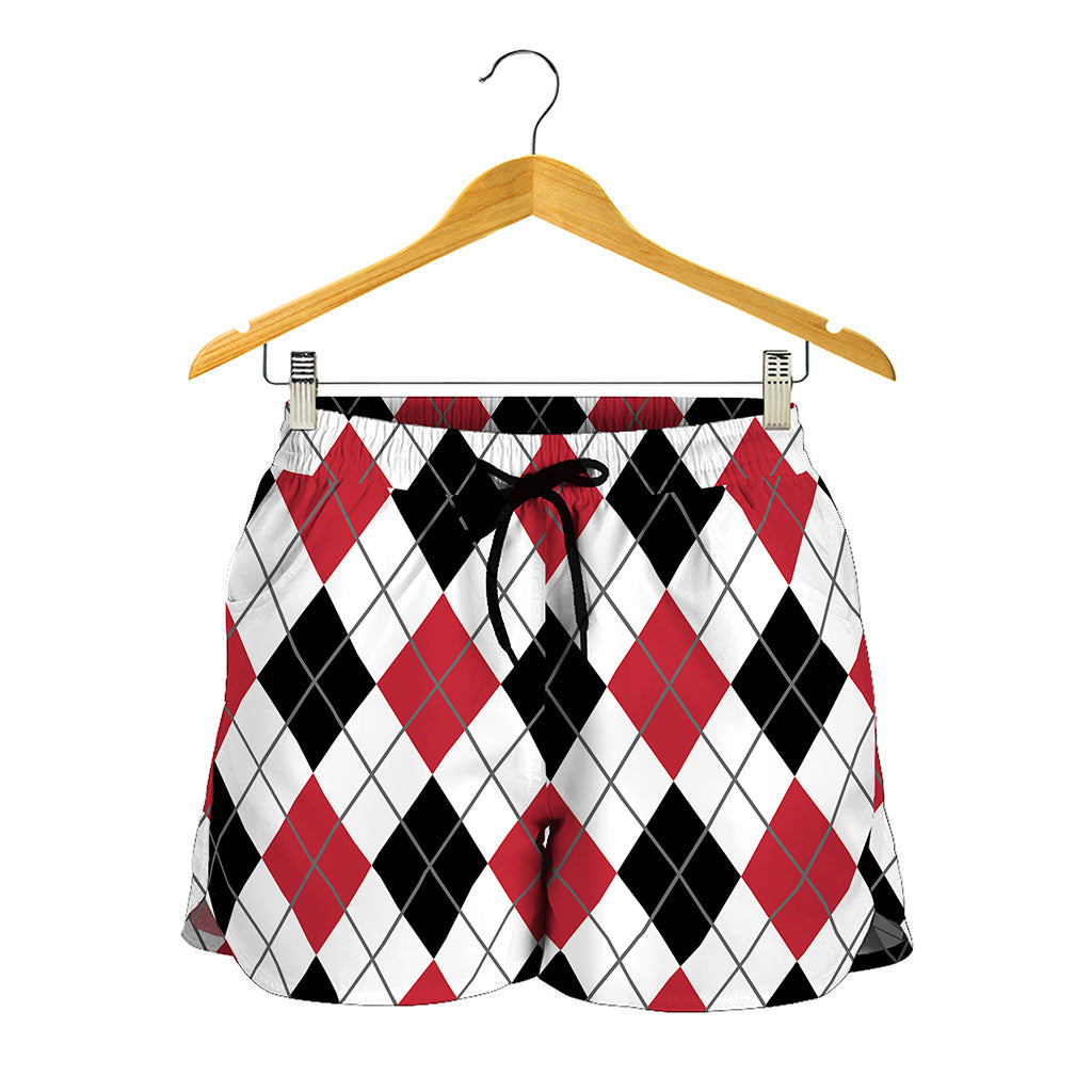 Red Black And White Argyle Pattern Print Women's Shorts