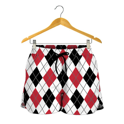 Red Black And White Argyle Pattern Print Women's Shorts