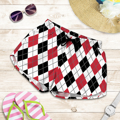 Red Black And White Argyle Pattern Print Women's Shorts