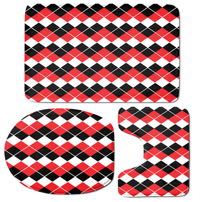Red Black And White Argyle Print 3 Piece Bath Mat Set