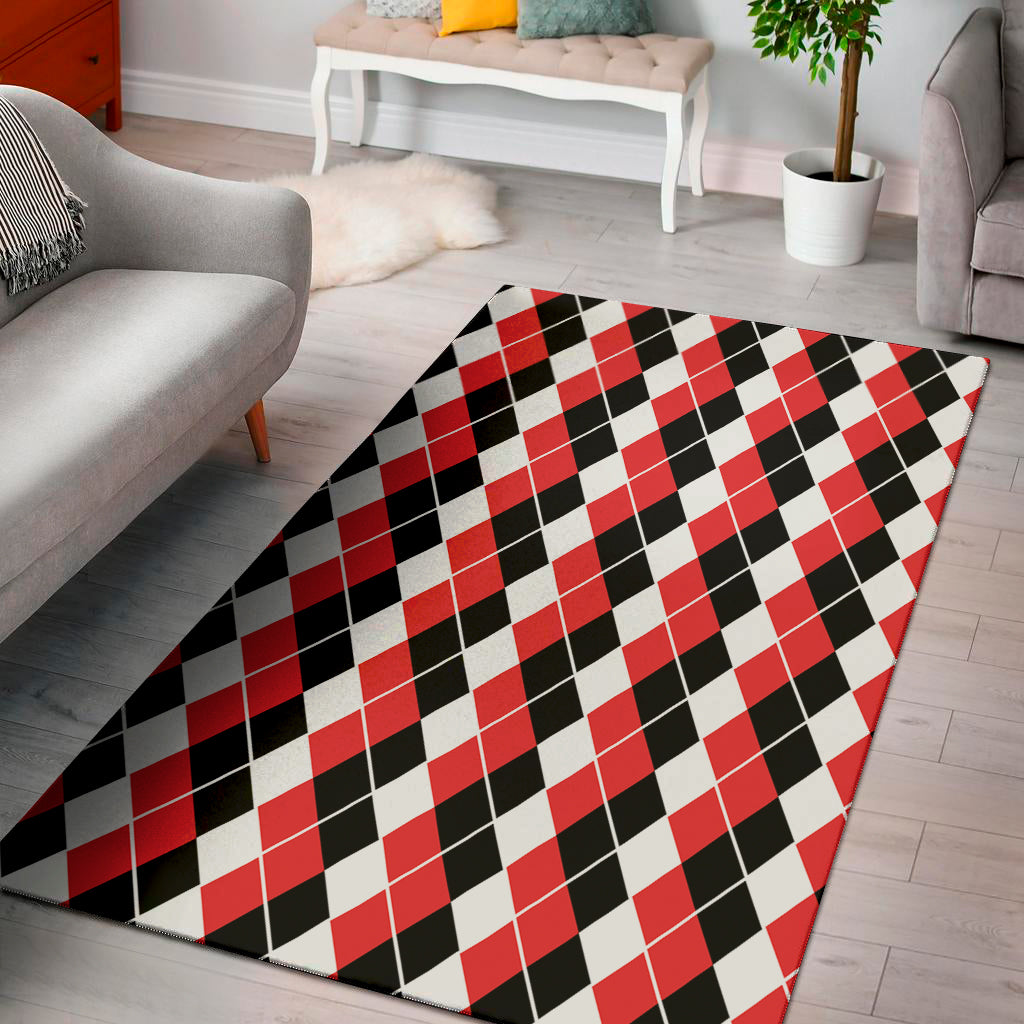 Red Black And White Argyle Print Area Rug