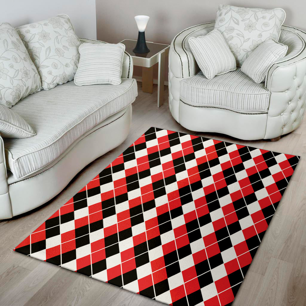 Red Black And White Argyle Print Area Rug