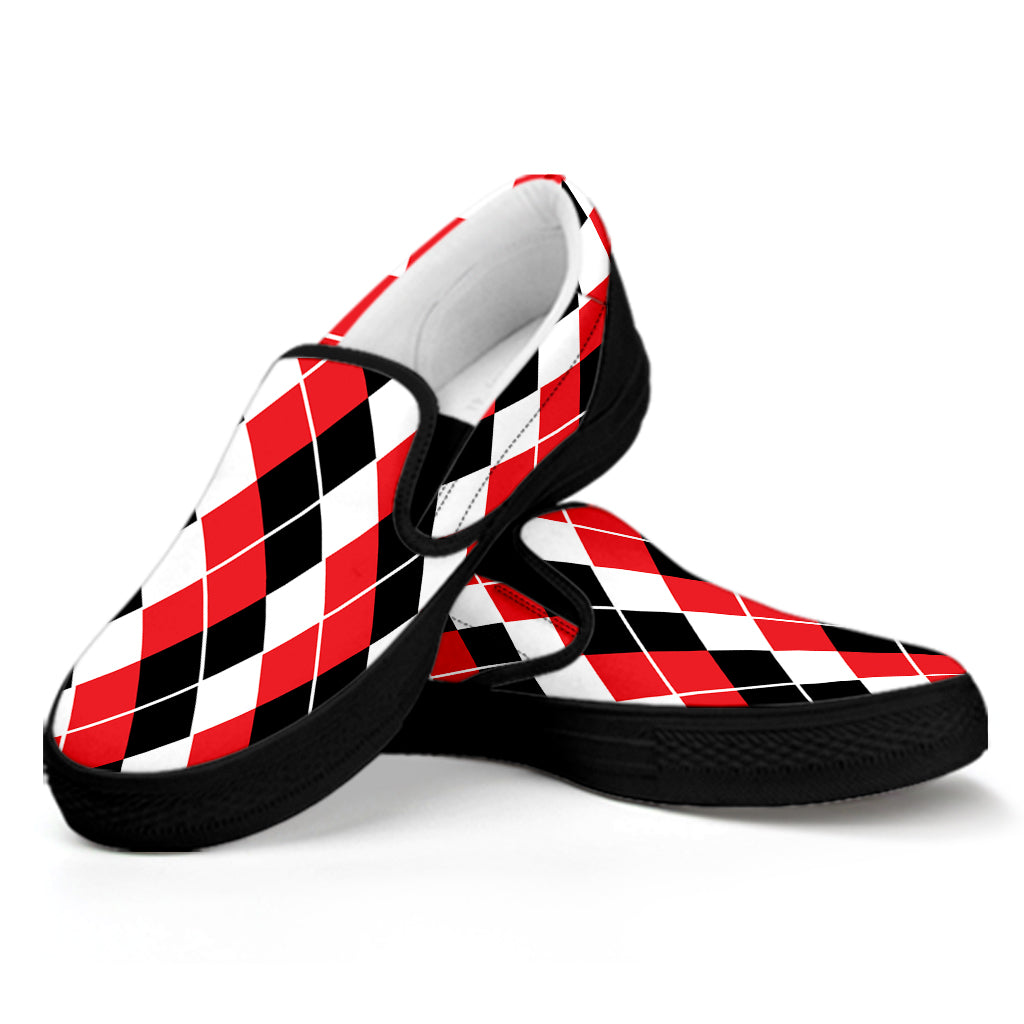 Red Black And White Argyle Print Black Slip On Shoes
