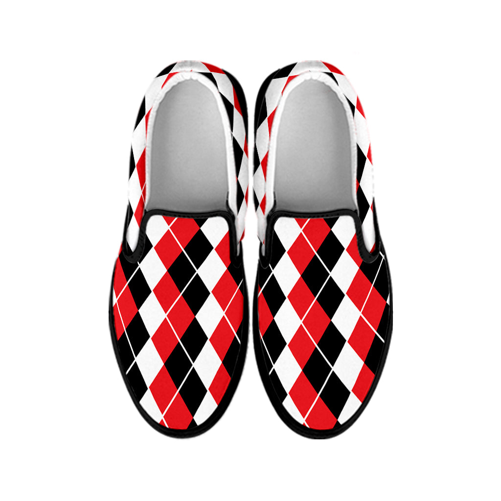 Red Black And White Argyle Print Black Slip On Shoes