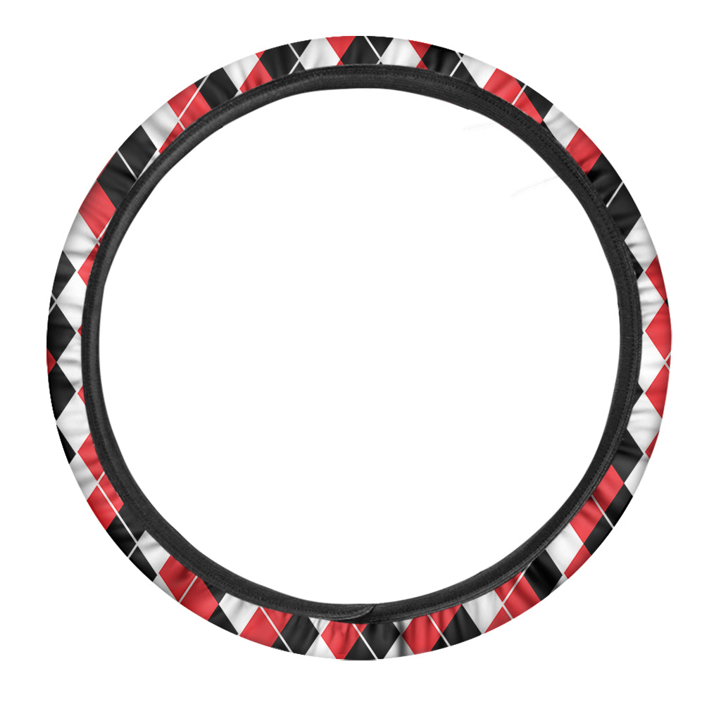 Red Black And White Argyle Print Car Steering Wheel Cover