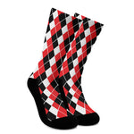 Red Black And White Argyle Print Crew Socks
