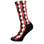 Red Black And White Argyle Print Crew Socks