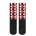 Red Black And White Argyle Print Crew Socks