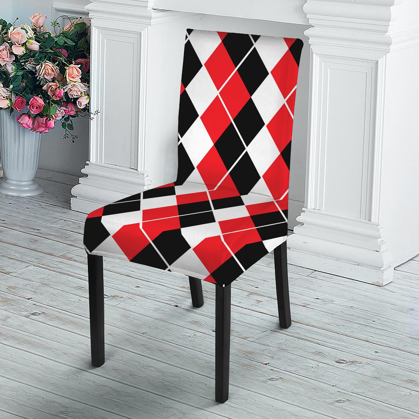 Red Black And White Argyle Print Dining Chair Slipcover