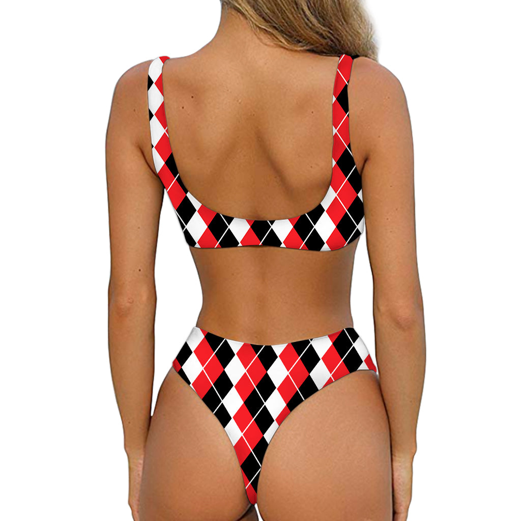 Red Black And White Argyle Print Front Bow Tie Bikini