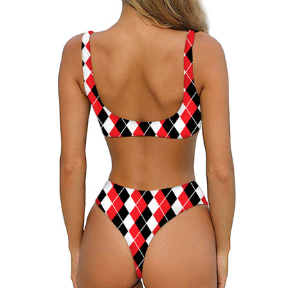 Red Black And White Argyle Print Front Bow Tie Bikini