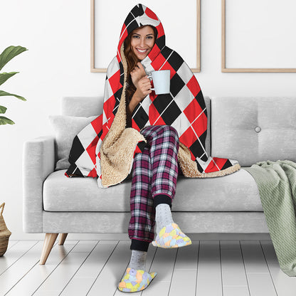 Red Black And White Argyle Print Hooded Blanket
