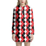 Red Black And White Argyle Print Hoodie Dress