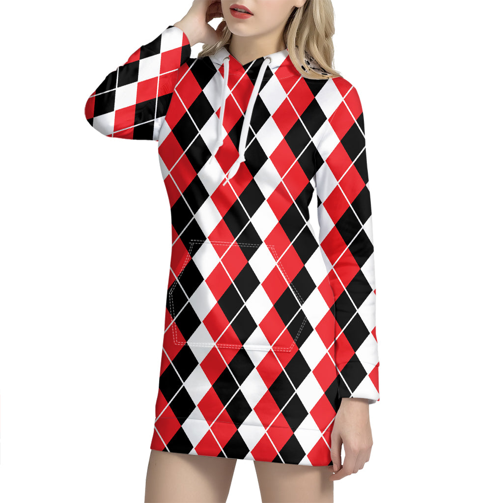 Red Black And White Argyle Print Hoodie Dress