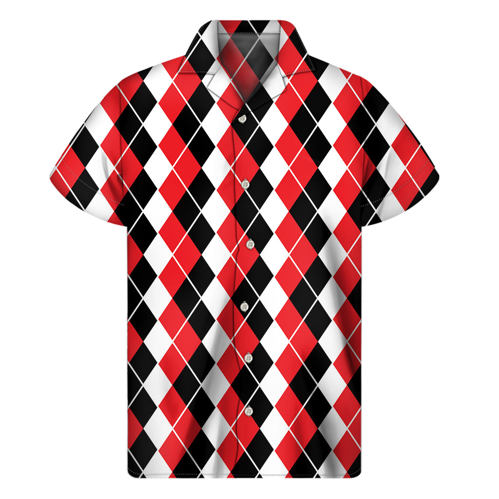 Red Black And White Argyle Print Men's Short Sleeve Shirt