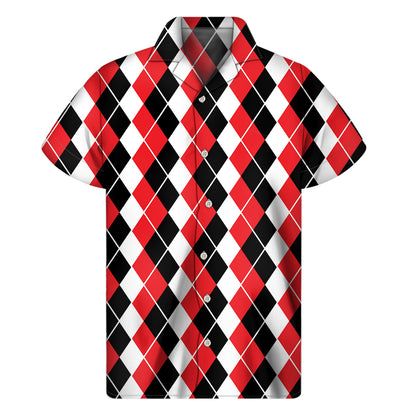 Red Black And White Argyle Print Men's Short Sleeve Shirt