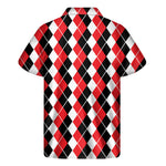 Red Black And White Argyle Print Men's Short Sleeve Shirt