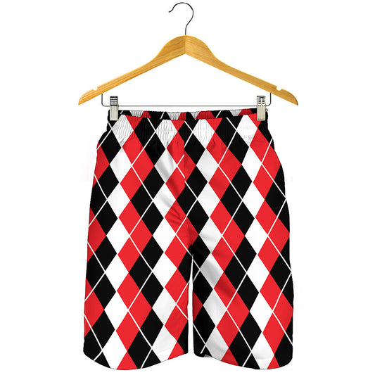 Red Black And White Argyle Print Men's Shorts