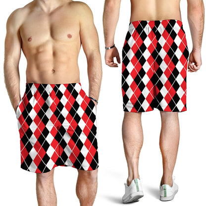 Red Black And White Argyle Print Men's Shorts