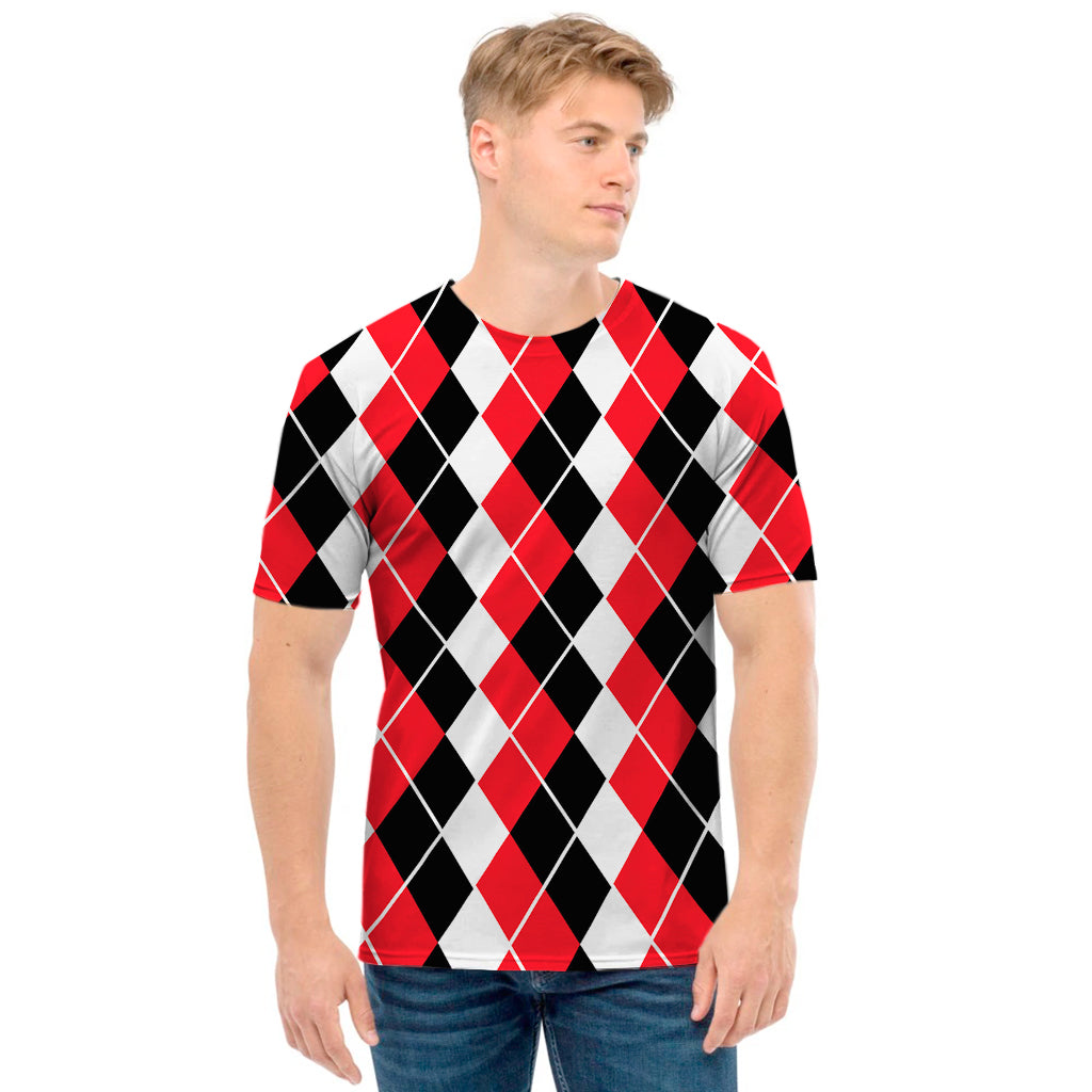 Red Black And White Argyle Print Men's T-Shirt