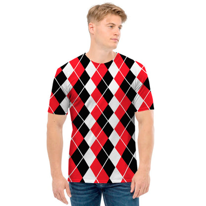 Red Black And White Argyle Print Men's T-Shirt