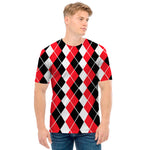 Red Black And White Argyle Print Men's T-Shirt