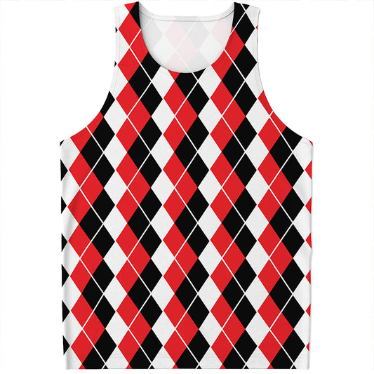 Red Black And White Argyle Print Men's Tank Top