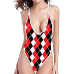 Red Black And White Argyle Print One Piece High Cut Swimsuit