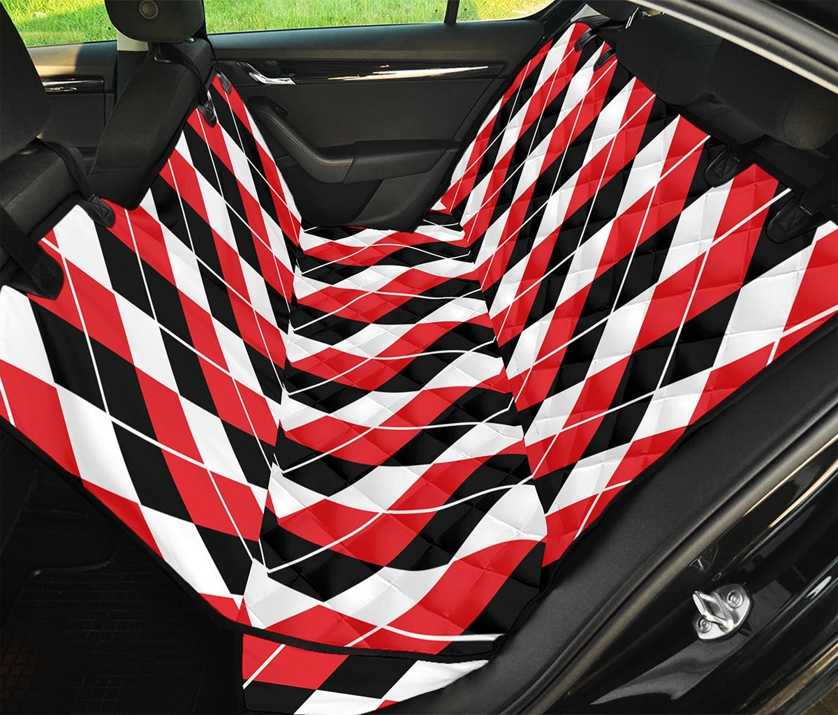 Red Black And White Argyle Print Pet Car Back Seat Cover