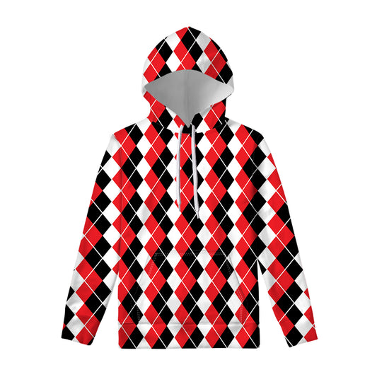Red Black And White Argyle Print Pullover Hoodie