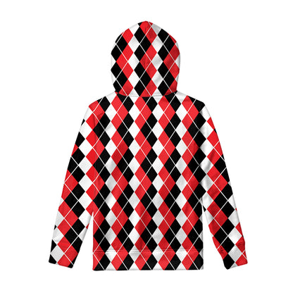 Red Black And White Argyle Print Pullover Hoodie