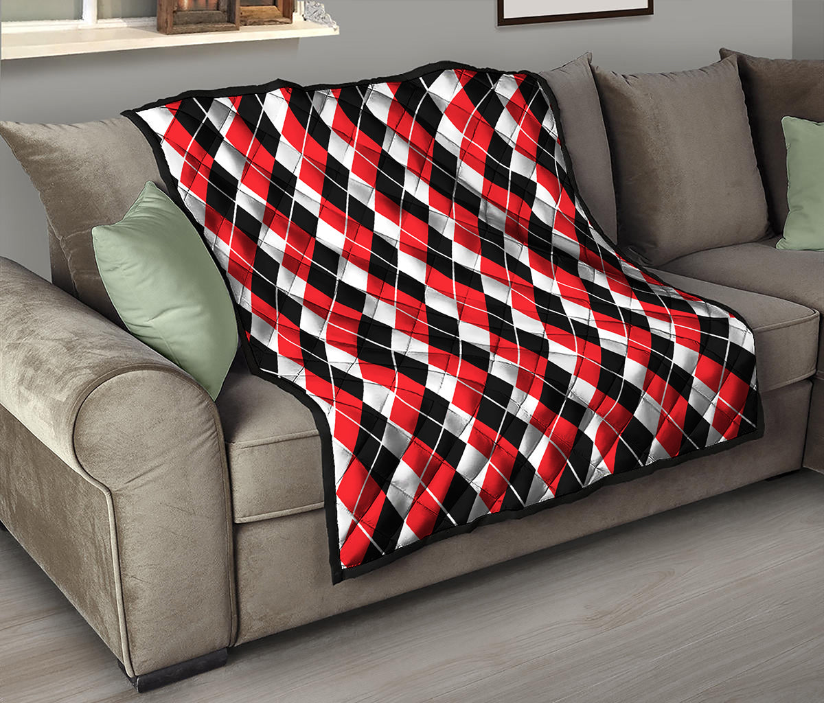 Red Black And White Argyle Print Quilt