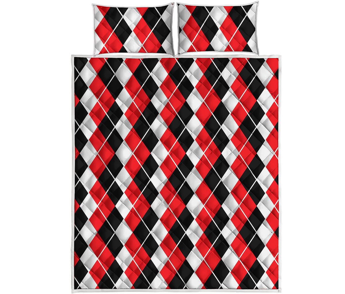 Red Black And White Argyle Print Quilt Bed Set