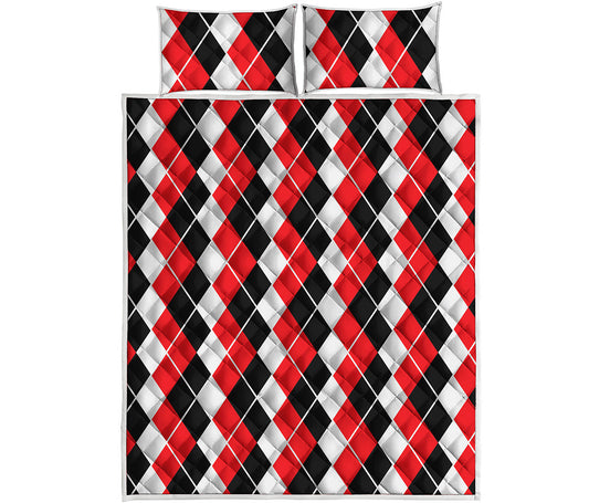 Red Black And White Argyle Print Quilt Bed Set